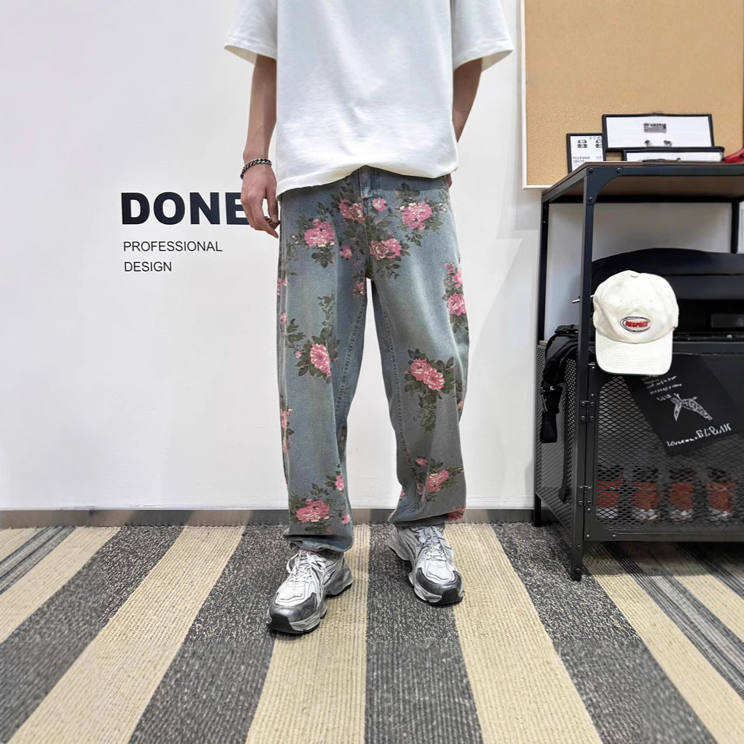 Damen Weitgeschnittene Blumen-Cargo-Jeans Drune