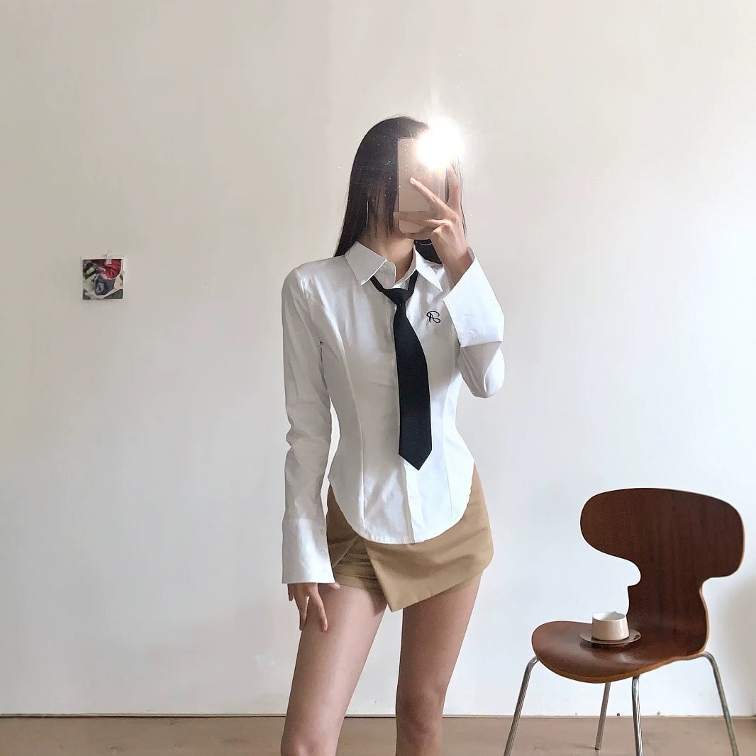 Damen klassische Bluse mit eleganter Krawatte Drune