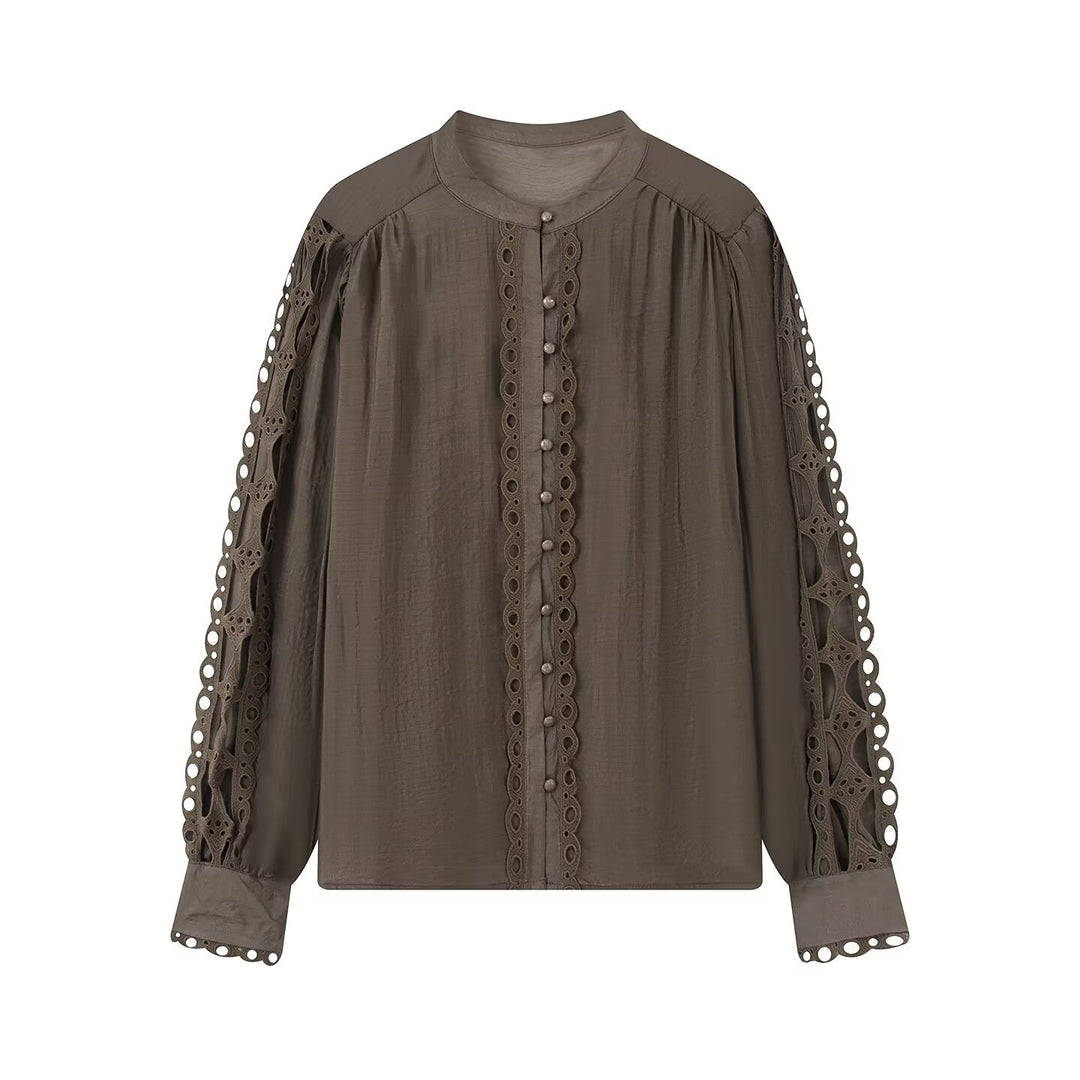 Damen Bluse mit Spitzen‑Cutouts, feiner Knopfleiste und Ballonärmeln Drune