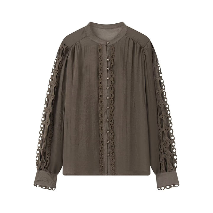 Damen Bluse mit Spitzen‑Cutouts, feiner Knopfleiste und Ballonärmeln Drune