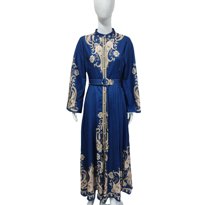 Damen Besticktes Maxikleid mit Stehkragen, Taillengürtel und Orientalischem Paisley-Motiv Drune
