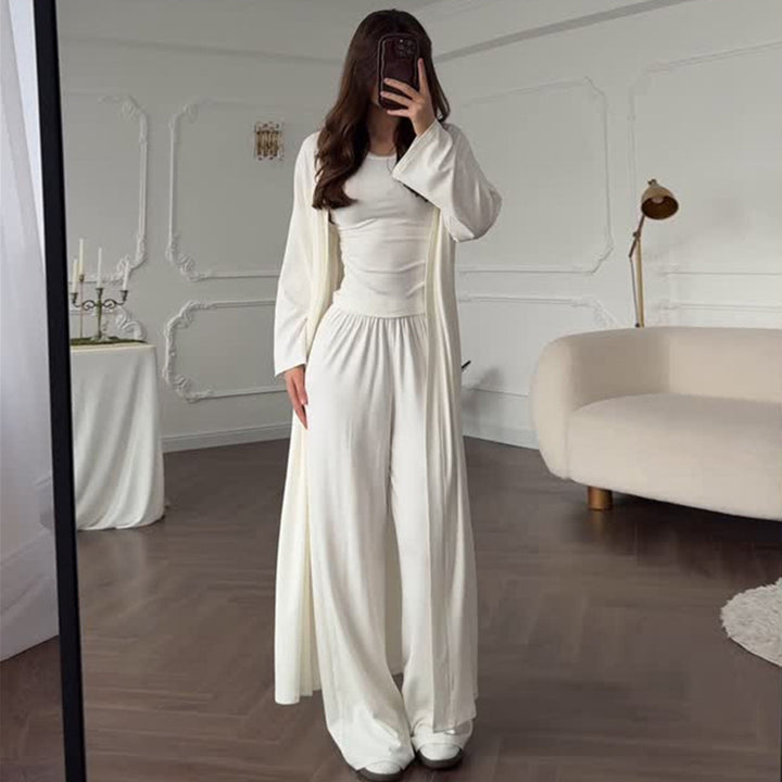 Damen Loungewear-Kombination aus langärmligem Oberteil und weiten Palazzo-Hosen Drune