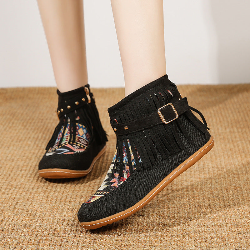 Damen Fransen-Short-Boots aus hochwertigem Stoff mit buntem Ethno-Muster Drune
