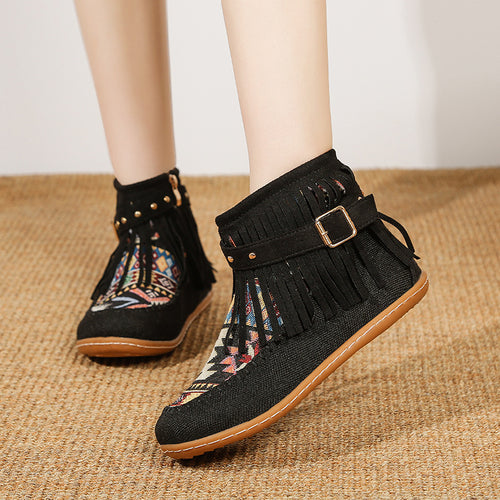Damen Fransen-Short-Boots aus hochwertigem Stoff mit buntem Ethno-Muster Drune