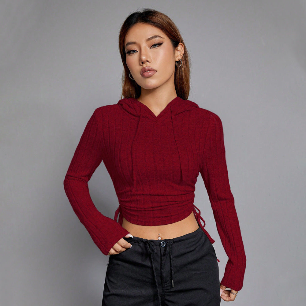 Damen geripptes Crop-Hoodie mit Tunnelzugseitennähten, figurbetonter Silhouette und langen Ärmeln Drune