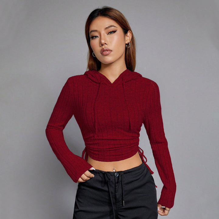 Damen geripptes Crop-Hoodie mit Tunnelzugseitennähten, figurbetonter Silhouette und langen Ärmeln Drune