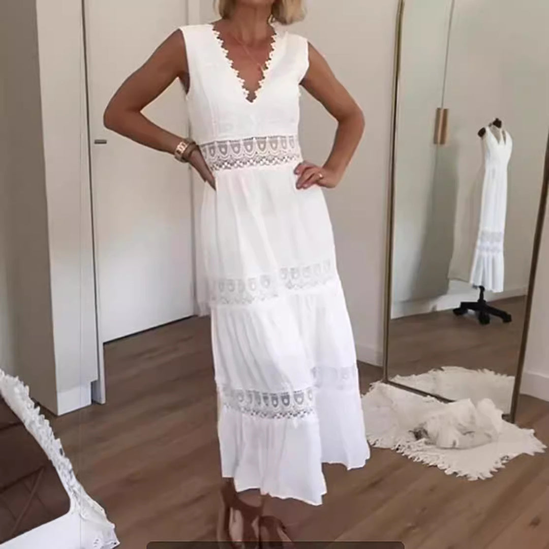 Damen Elegantes Maxikleid mit tiefem V-Ausschnitt und verspielten Häkelapplikationen Drune