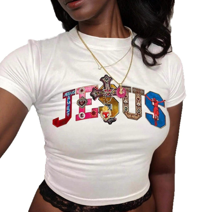 Damen Kurzarm Crop-T-Shirt mit witzigem Schriftzug Drune