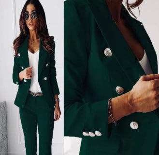 Damen Modisches und elegantes Hosenanzug-Set mit doppelter Knopfleiste Drune