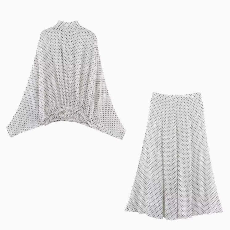 Damen 100+ oversized Pünktchenbluse mit Fledermausärmeln, Stehkragen und elastischem Saum Drune