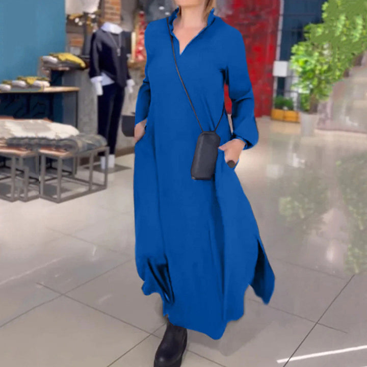 Damen lässiges Maxikleid mit modernem Hemdblusen-Design und praktischen Seitentaschen Drune