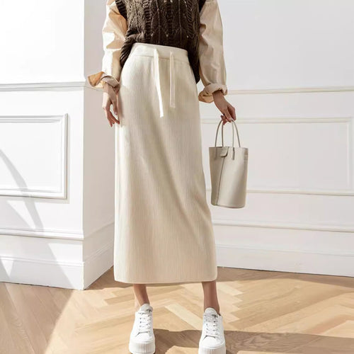 Damen Knielanger Strickrock mit Taillenband und texturiertem Design Drune