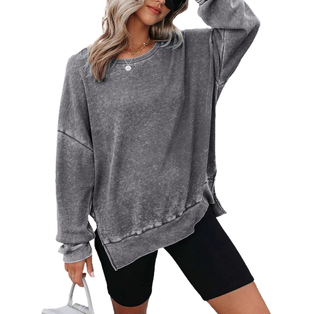 Damen Lässiger Waffelpullover mit modernen Seitenschlitzen Drune