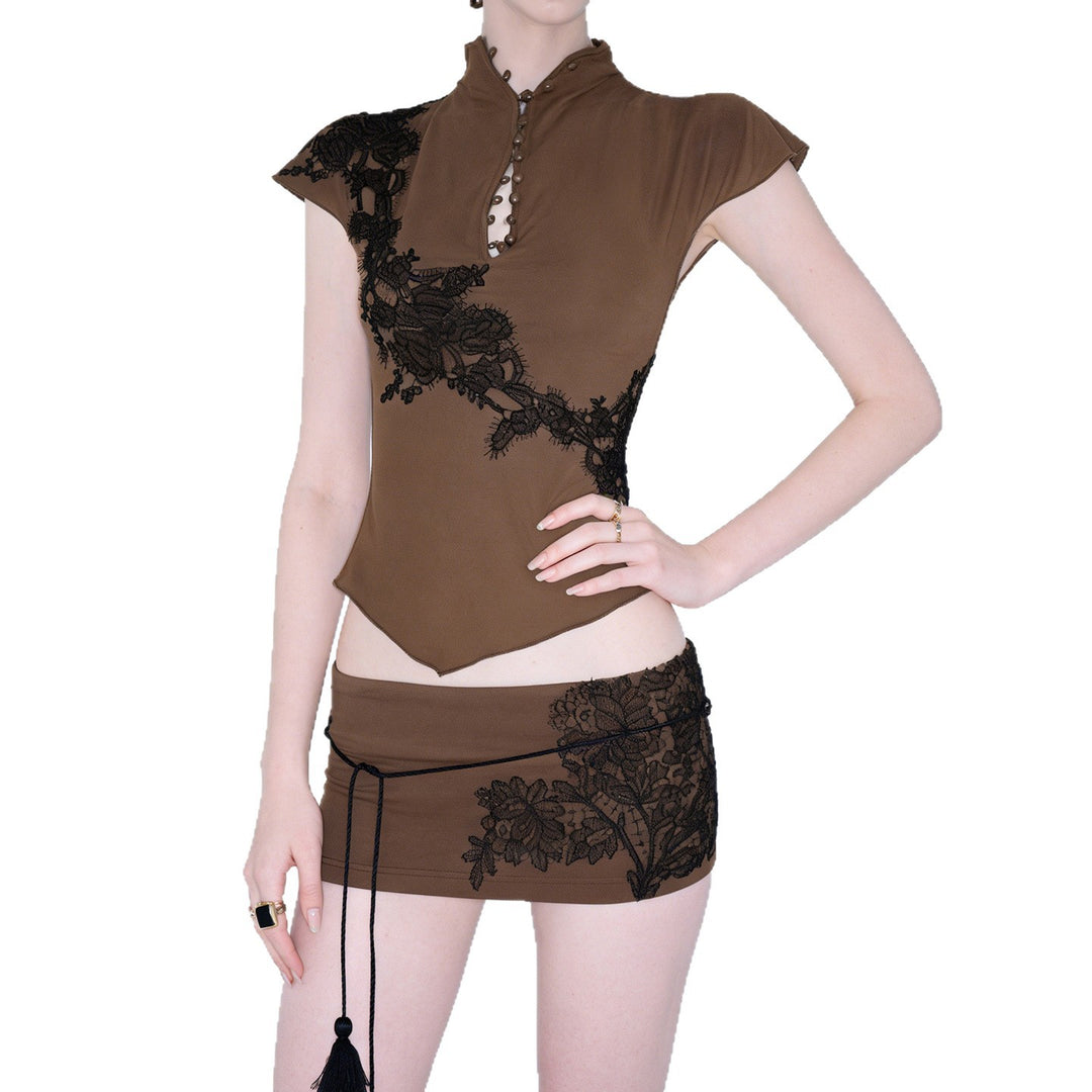 Damen Elegantes Poloshirt mit Spitzenapplikation und Knopfdetails Drune