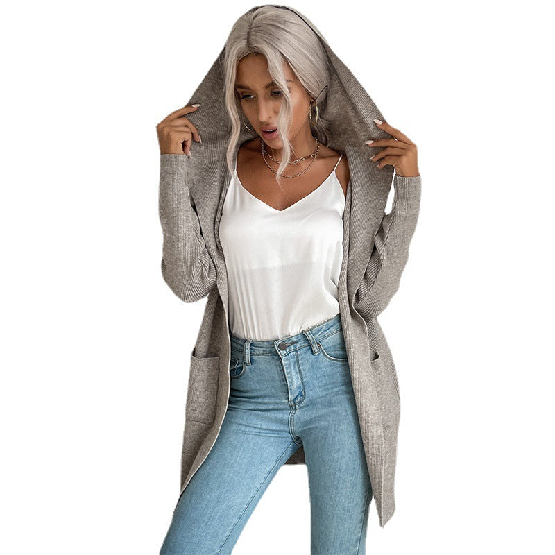 Damen Langärmlige Strickjacke mit Kapuze und seitlichen Taschen Drune