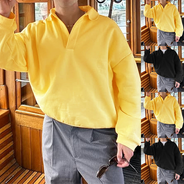 Unisex nan locker geschnittener V-Ausschnitt-Sweatpullover mit Hemdkragen aus Baumwollfleece Drune