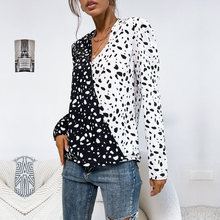 Damen Leichte Langarm-Bluse mit diagonaler Zweifarben-Optik und Tupfenmuster Drune