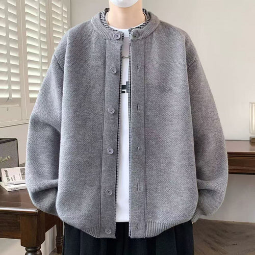 Herren Oversized Strickjacke im Bomberstil mit Rundhals und Knopfleiste Drune