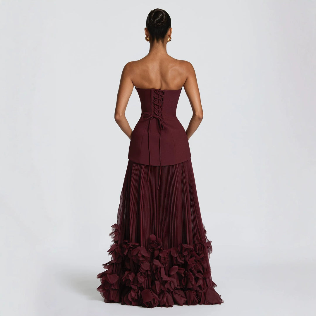 Damen trägerloses Maxikleid mit fließendem Rock und floralem Detail Drune