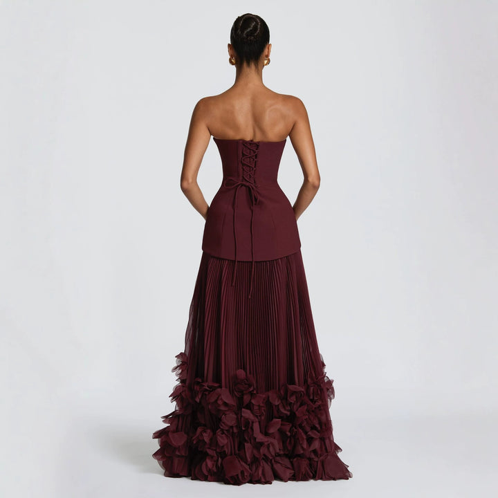 Damen trägerloses Maxikleid mit fließendem Rock und floralem Detail Drune
