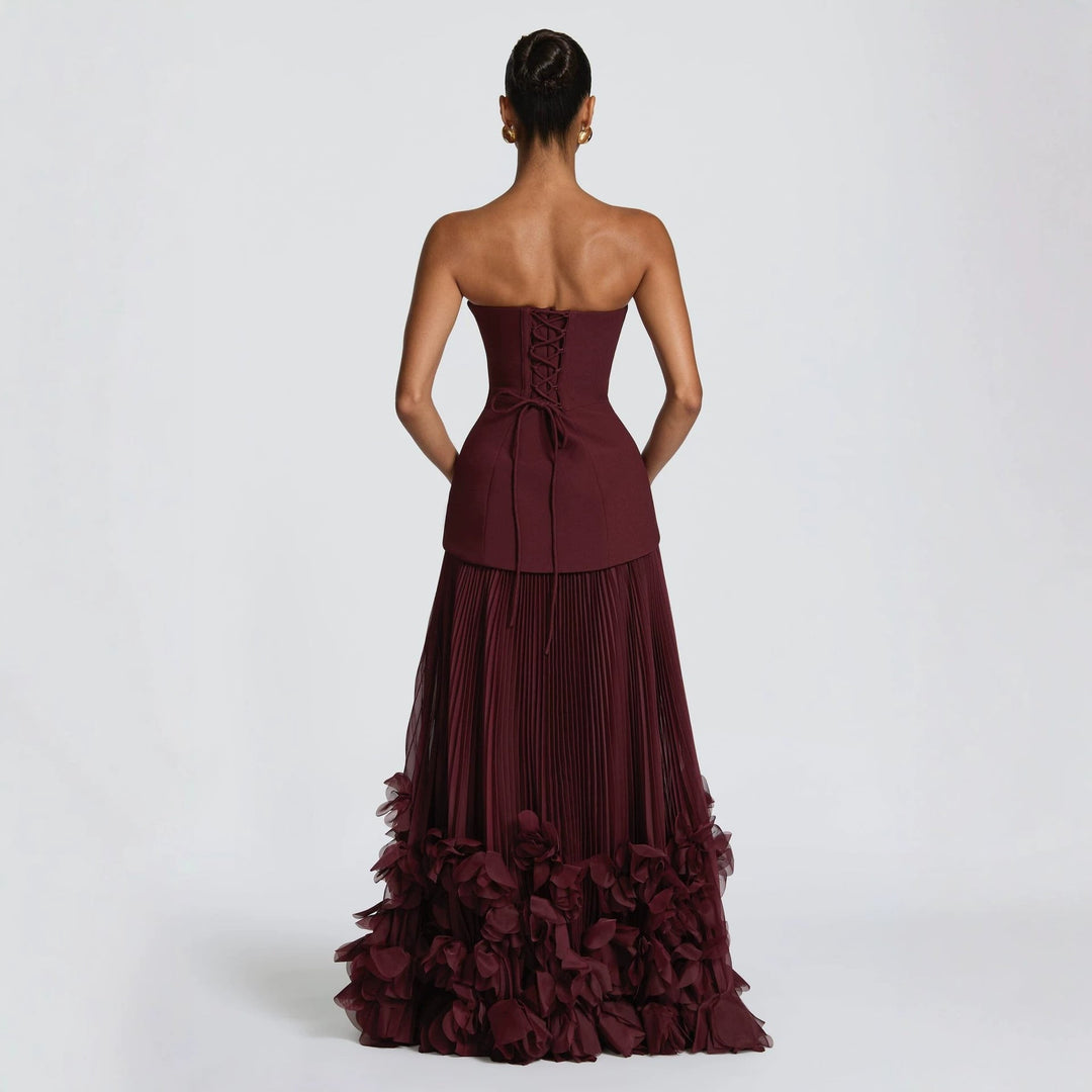 Damen trägerloses Maxikleid mit fließendem Rock und floralem Detail Drune