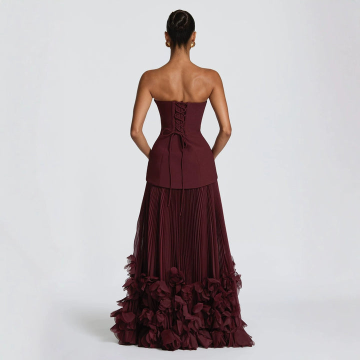 Damen trägerloses Maxikleid mit fließendem Rock und floralem Detail Drune