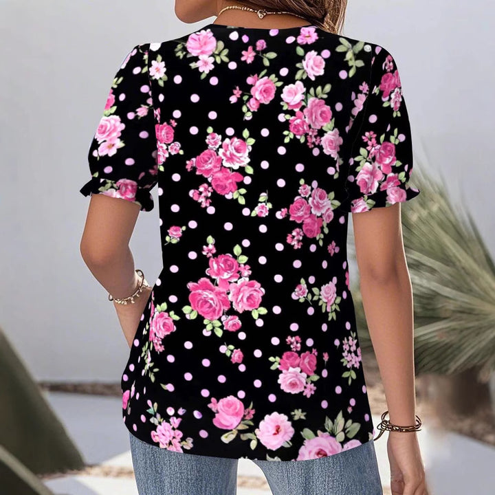 Damen nan V-Ausschnitt-Bluse mit Spitzenborte, Puffärmeln und floralem Punktmuster Drune