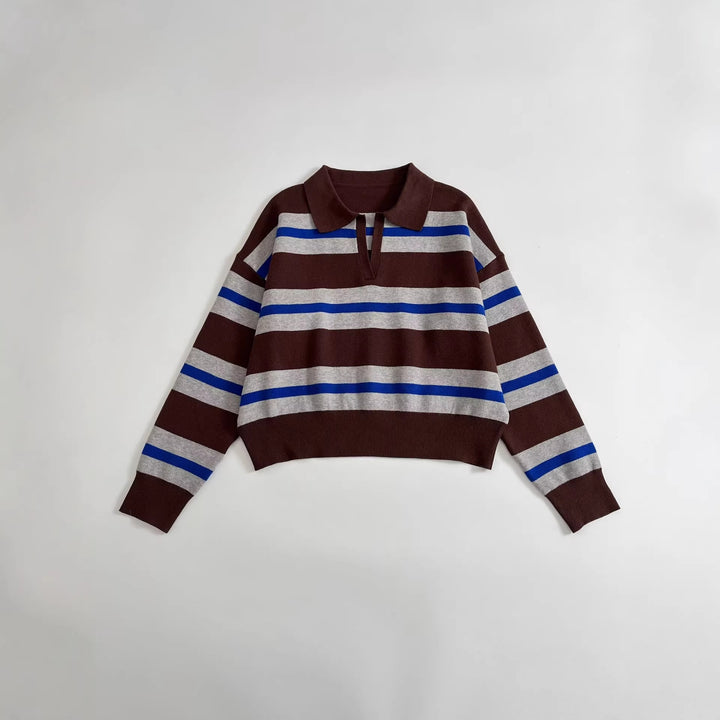 Damen Gestreifter Polokragen-Pullover mit kastiger Passform und V-Ausschnitt Drune