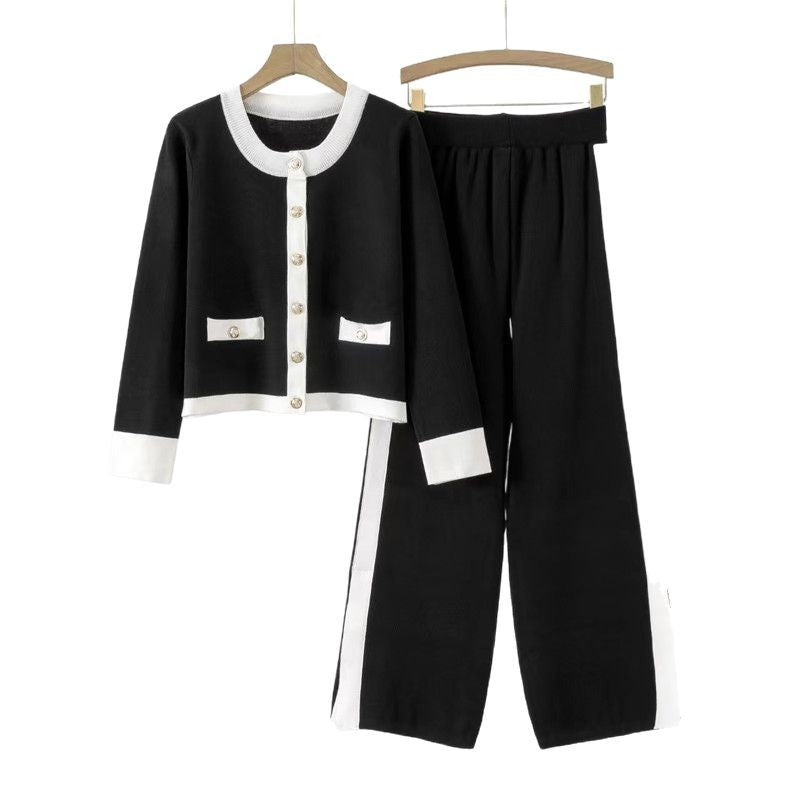 Damen Strick-Loungewear-Set mit dekorativen Knöpfen und seitlichem Schlitz Drune