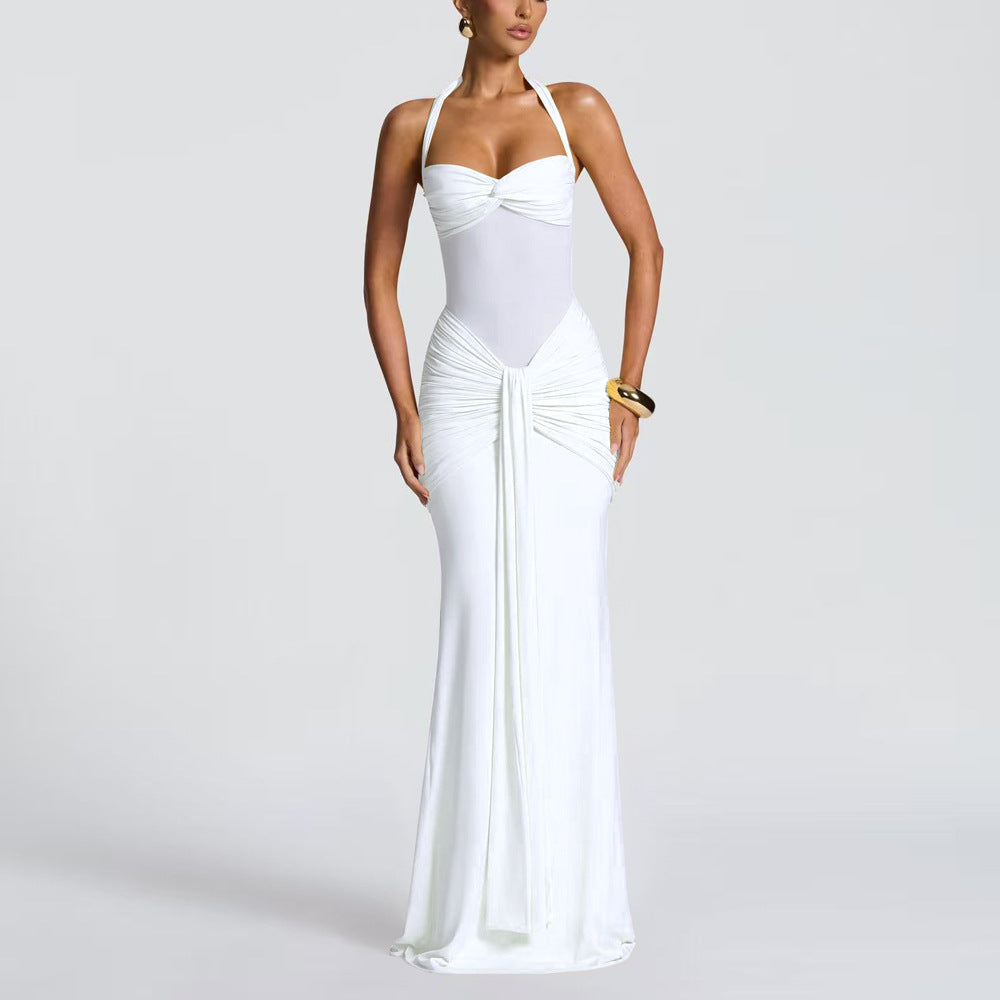 Damen elegantes Maxikleid mit schmeichelnder Raffung und Halterneck Drune