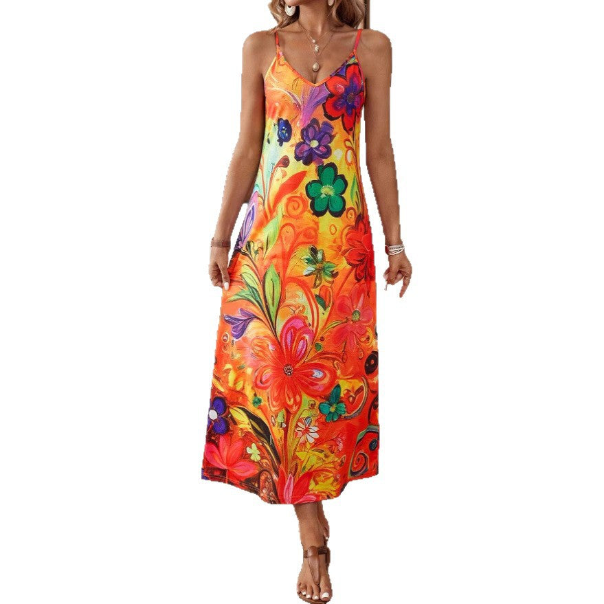 Damen Maxikleid mit buntem Blumenmuster und Spaghettiträgern Drune