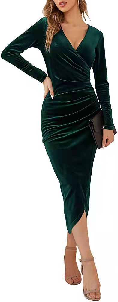 Damen Wickelkleid aus kuscheligem Samt mit Raffungen und langem Arm Drune