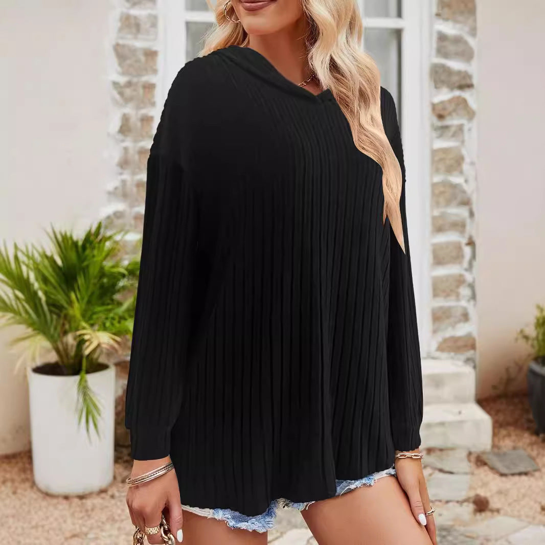 Damen Gerippter Hoodie-Pullover mit Kapuze und legerer Cropped-Silhouette Drune