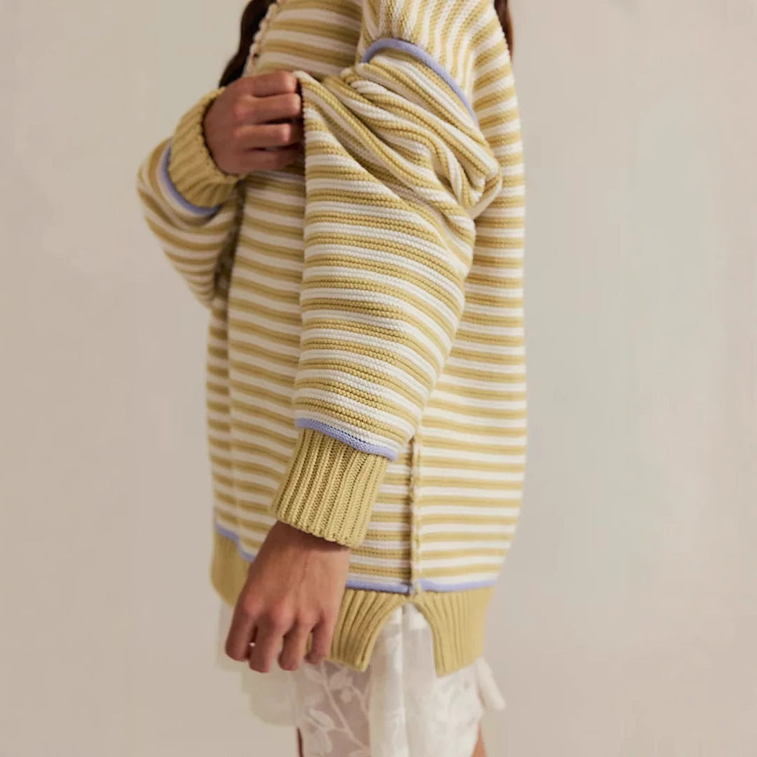 Damen Oversize Ringelstrickpullover mit weitem Schnitt, Bündchen & kontrastierenden Paspeln Drune