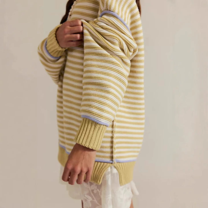 Damen Oversize Ringelstrickpullover mit weitem Schnitt, Bündchen & kontrastierenden Paspeln Drune
