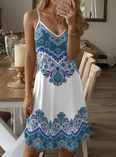 Damen Spaghetti-Träger Kleid mit stilvollem Paisleymuster und A-Linien Schnitt Drune