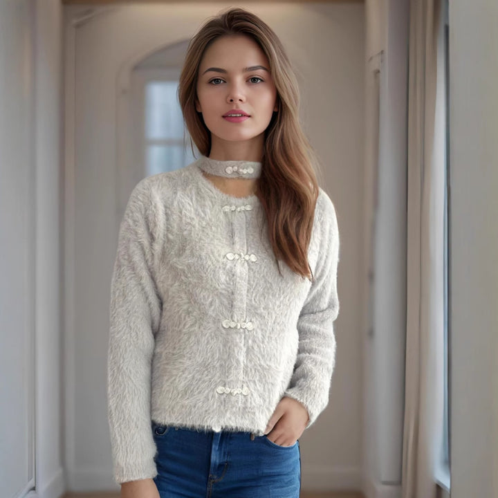 Damen kuscheliger Pullover mit hochgeschlossenem Kragen und dekorativen Knopfdetails Drune