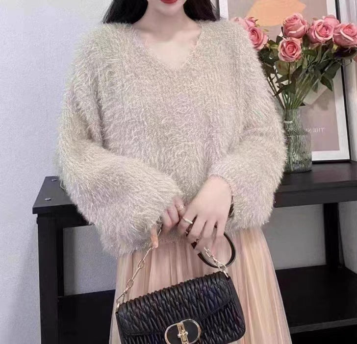 Damen Flauschiger V-Ausschnitt Pullover mit langem Arm und Glitzerfäden Drune