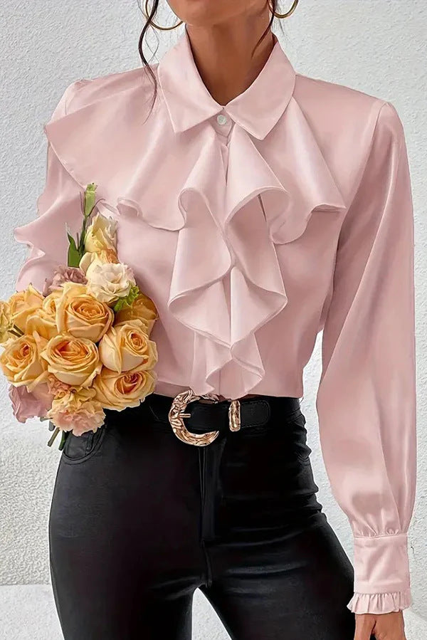 Damen Elegante Rüschenbluse mit Volants, Hemdkragen und Manschetten Drune