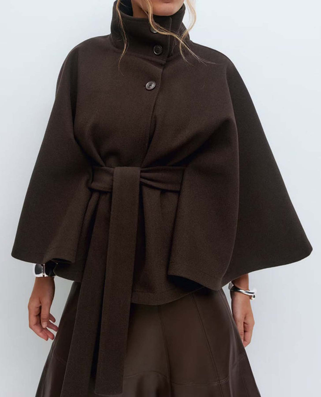Damen Kurzcape-Mantel mit Stehkragen, Oversize-Ärmeln und Bindegürtel Drune