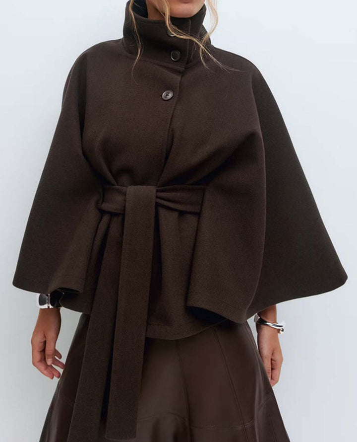 Damen Kurzcape-Mantel mit Stehkragen, Oversize-Ärmeln und Bindegürtel Drune