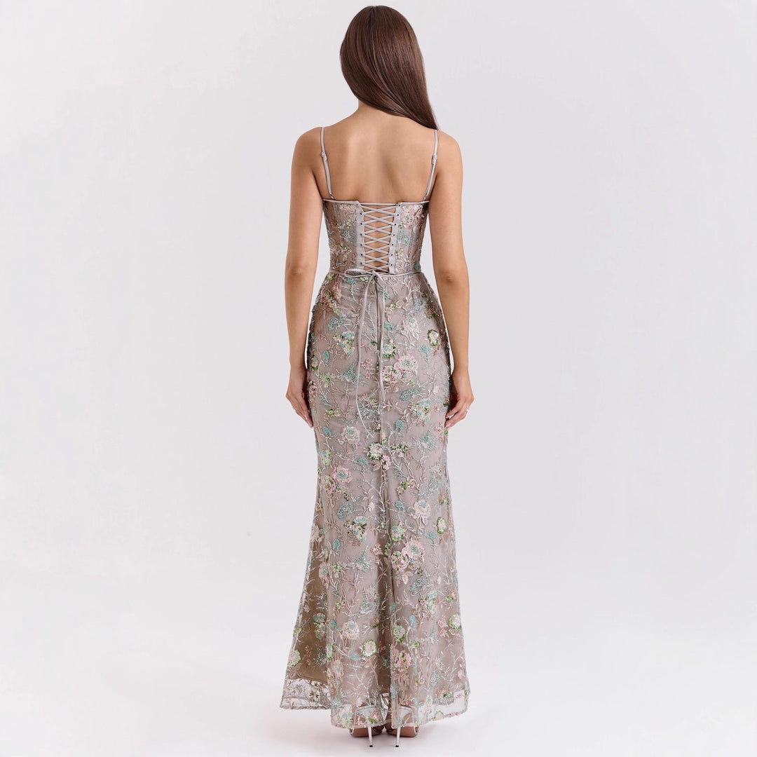 Damen nan elegantes besticktes Abendkleid mit Korsettoberteil und transparentem Spitzenüberzug Drune