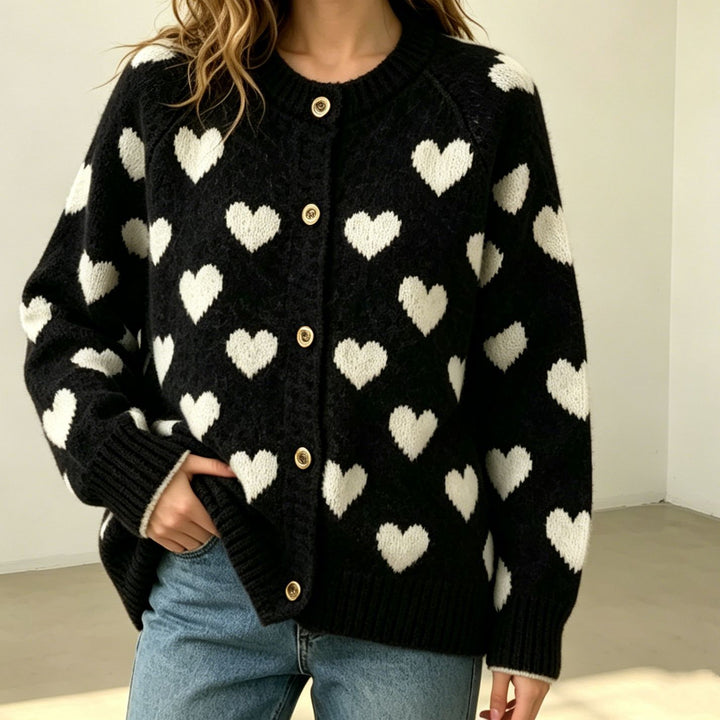 Damen Kuscheliger Jacquard-Cardigan mit Herzmotiv, Raglanärmeln und Knopfleiste Drune
