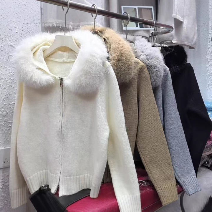 Damen kuschelige Strickjacke mit luxuriösem Pelzkragen und Reißverschluss Drune