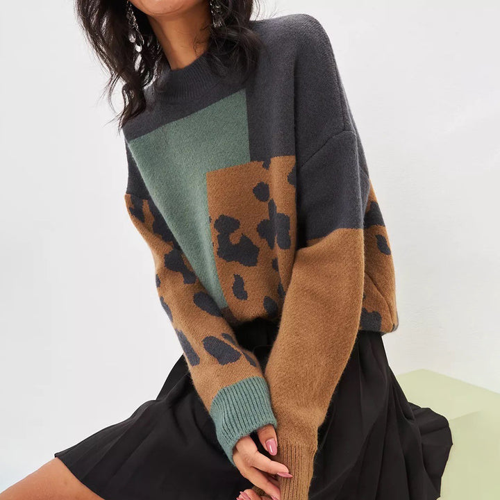 Damen Grobstrickpullover mit modernem Leo-Design und farblichen Blockelementen Drune
