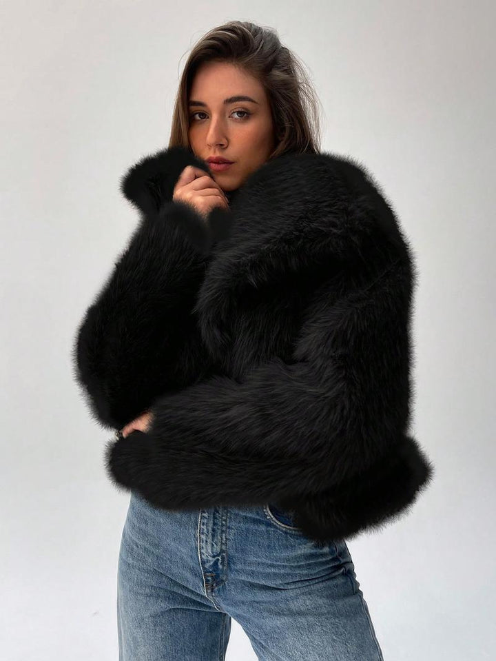 Damen Modischer Kunstpelz-Cropped-Jacke mit voluminösen Ärmeln Drune
