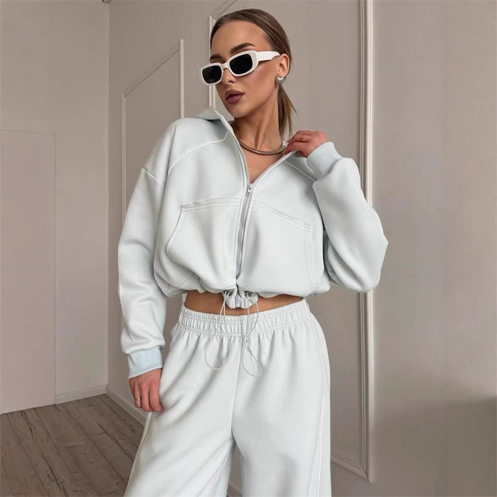 Damen kurzes Kapuzen-Sweatset mit Frontreißverschluss, kontrastierender Paspel und elastischer Highwaist-Jogger Drune