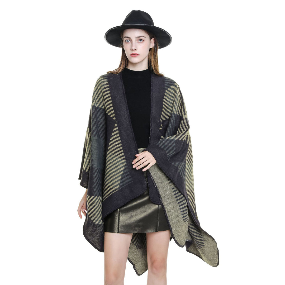 Damen Umhangponcho aus Wollmix mit geometrischem Streifen-Jacquard und offener Kantennaht Drune
