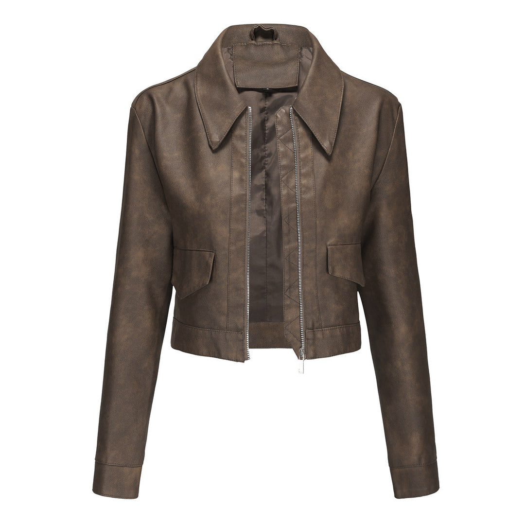 Damen modische cropped Kunstlederjacke mit klassischem Wellenkragen Drune