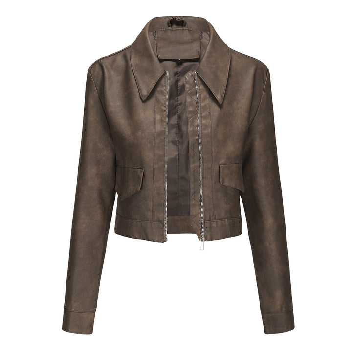 Damen modische cropped Kunstlederjacke mit klassischem Wellenkragen Drune